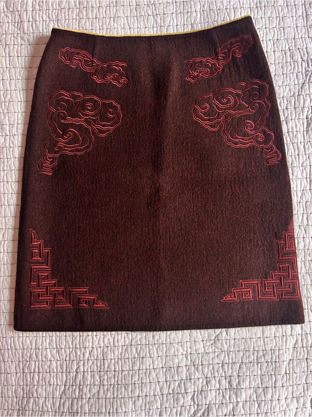 VTG Pollini Italy Embroidered 100% Virgin Wool Pencil Skirt Brown Red Sz 8